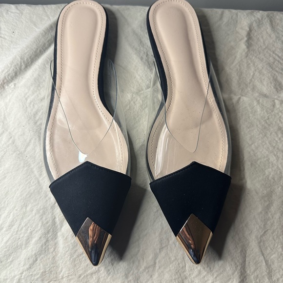 Shoes - Black and Gold Mules with Clear Design